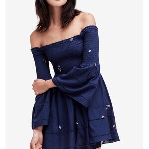 Free People -Daisies Navy Blue Off The Shoulder Mini Dress XS